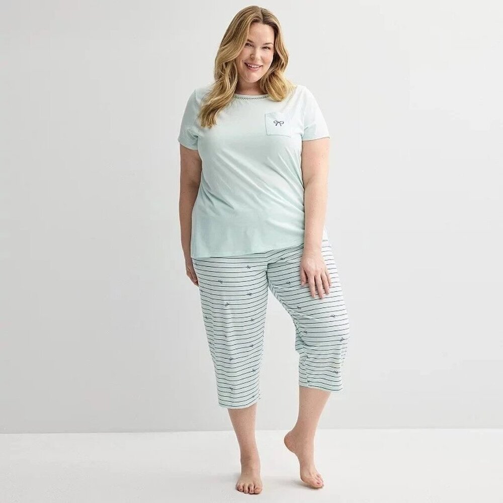 Womens Croft & Barrow Pajama Tee & Pajama Cropped Pants Set SZ 2X Plus Size NWT